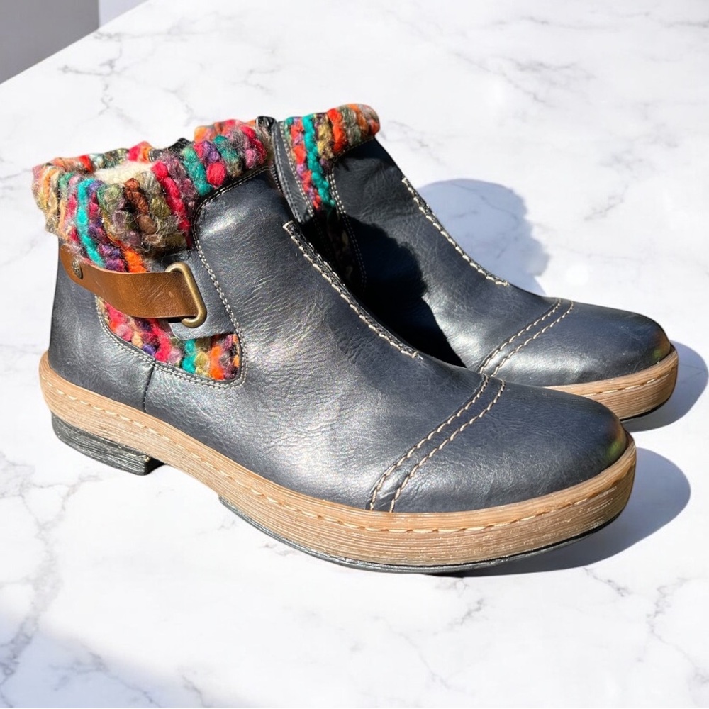 Rieker Blue Ankle Boots with Colorful Knit Trim